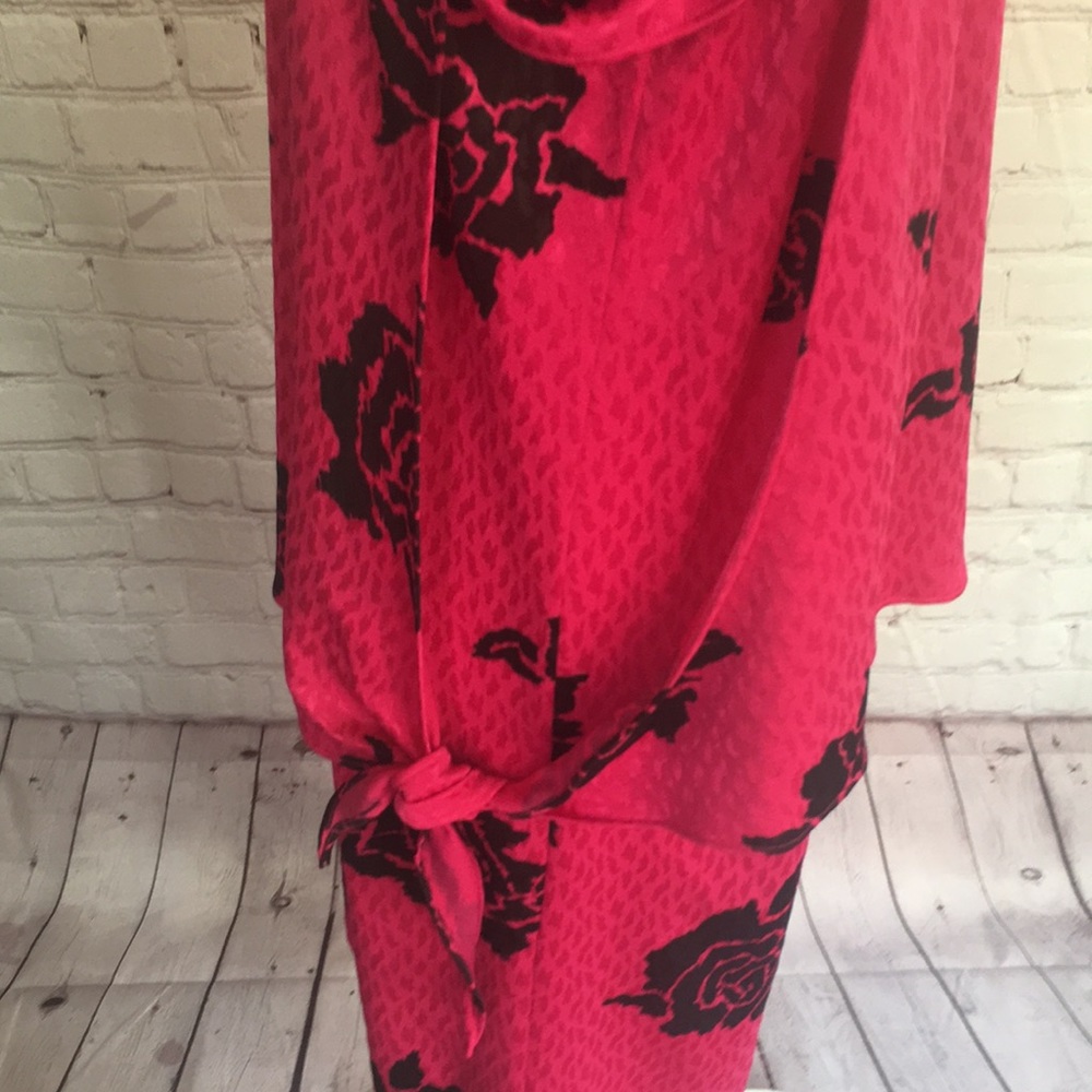 Vintage 80’s TF Satin Floral Bright Pink Knee Length Peplum Dress - Picture 11 of 14